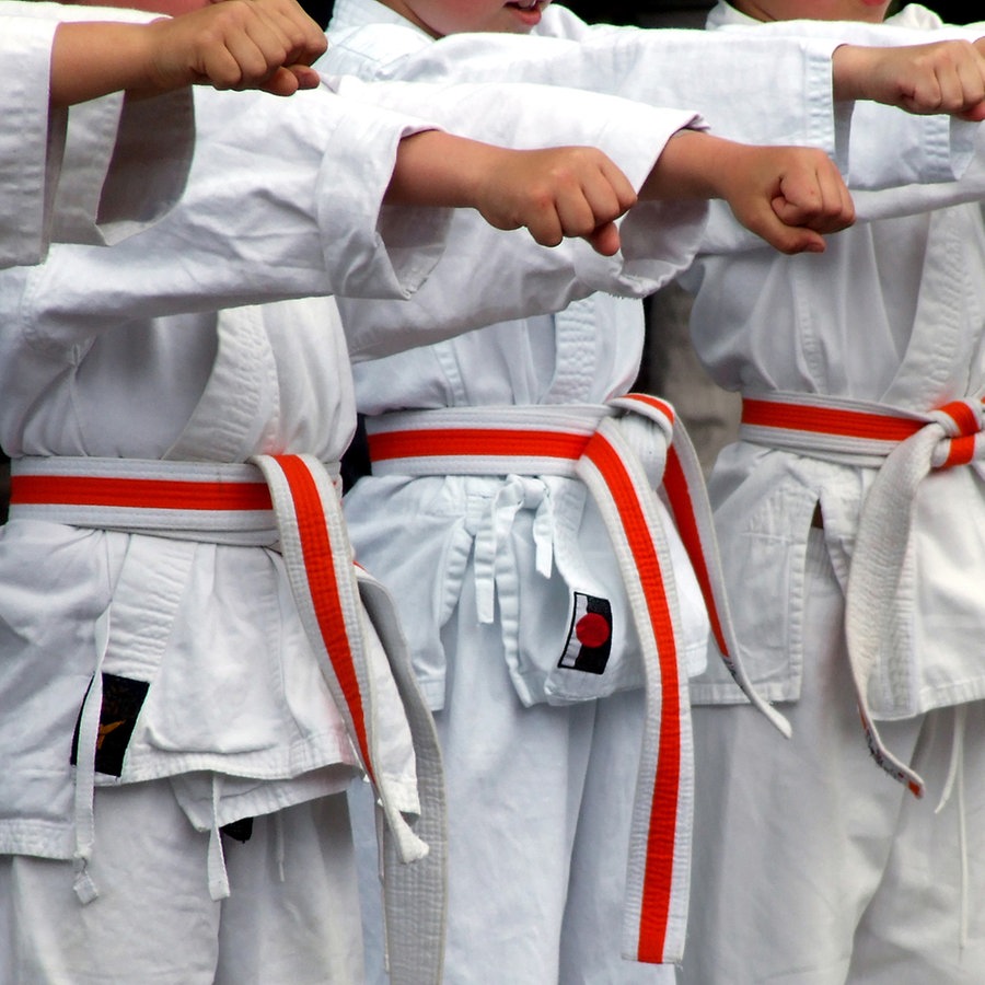 Kinder in Judoanzügen stehen nebeneinander und strecken die Fäuste aus © IMAGO / Panthermedia 