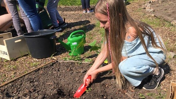 Ein Mädchen gräbt ein Beet um. © NDR Foto: Ines Hielscher