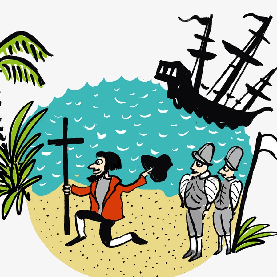 Eine Zeichnung zeigt Christoph Kolumbus an einem Palmenstrand  Foto: Antje von Stemm
