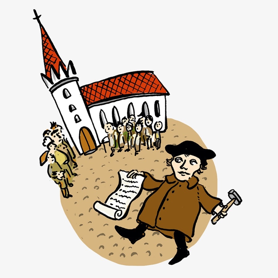 Zeichnung zeigt Martin Luther mit einem Schriftstück und einem Hammer in den Händen vor einer Kirche  Foto: Antje von Stemm