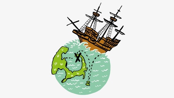Zeichnung zeigt die "Mayflower" auf einem stilisierten Globus  Foto: Antje von Stemm