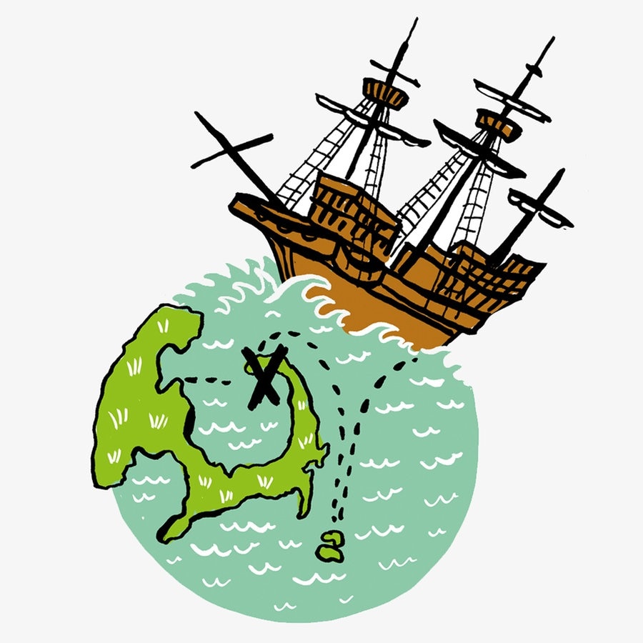 Zeichnung zeigt die "Mayflower" auf einem stilisierten Globus  Foto: Antje von Stemm