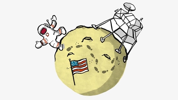 Karikaturhafte Zeichnung zeigt die erste Landung auf dem Mond  Foto: Antje von Stemm