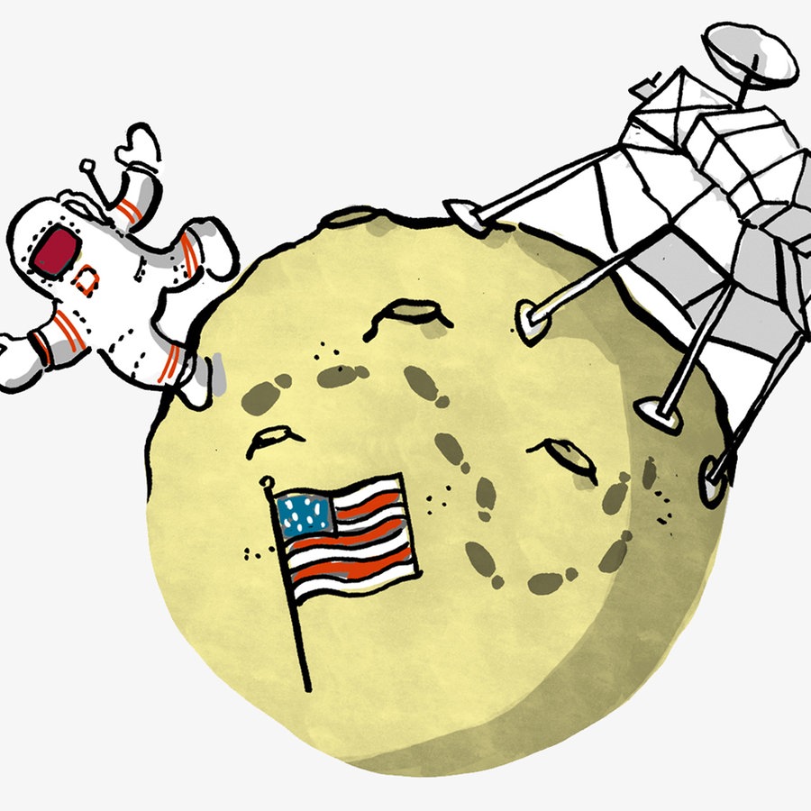 Karikaturhafte Zeichnung zeigt die erste Landung auf dem Mond  Foto: Antje von Stemm
