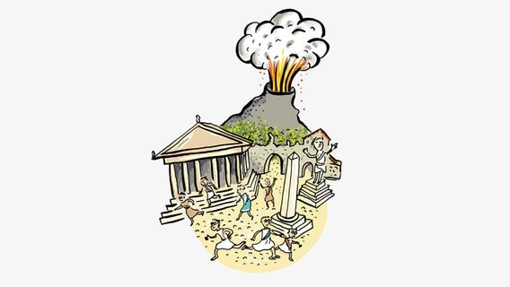 Karikaturhafte Zeichnung zeigt den Untergang Pompejis nach dem Ausbruch des Vesuv  Foto: Antje von Stemm