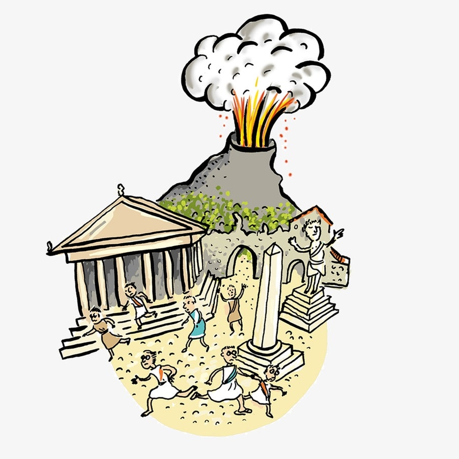 Karikaturhafte Zeichnung zeigt den Untergang Pompejis nach dem Ausbruch des Vesuv © NDR Foto: Antje von Stemm