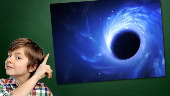 Ein Junge mit gehobenem Zeigefinger steht vor einer Tafel, an der ein Foto haftet: Schwarzes Loch im Weltall. © Fotolia.com Foto: Junge vor Tafel: photophonie, Foto: Petrovich12