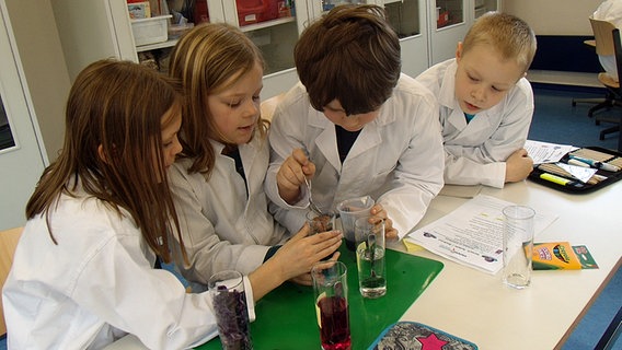 Kinder in weißen Laborkitteln befüllen Gläser mit verschiedenen Flüssigkeiten und Zusätzen. © NDR Foto: Aline König