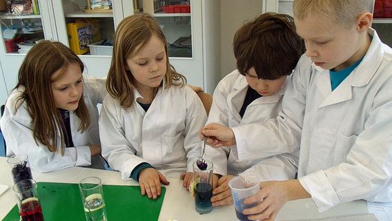 Kinder in weißen Laborkitteln befüllen Gläser mit verschiedenen Flüssigkeiten und Zusätzen. © NDR Foto: Aline König