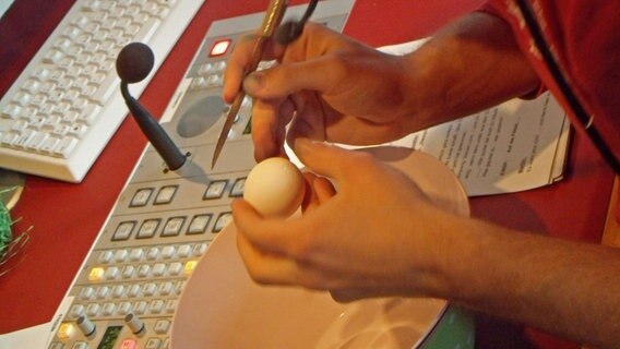 Martin macht ein Loch in ein rohes Ei © NDR Foto: Aline König
