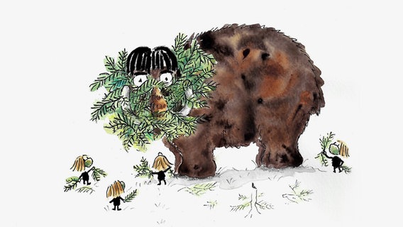Auf einer Zeichnung sind ein Mammut und die kleinen Wilden mit Gras-Mundschutz zu sehen. © NDR Foto: Jackie Niebisch