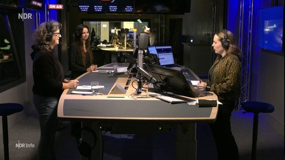 Moderatorin Nina Zimmermann diskutiert in der NDR Info Redezeit mit mehreren Gästen. © NDR Screenshots 