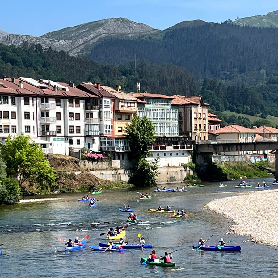 Menschen paddeln in Booten auf einem Fluss in Asturien, im Hintergrund eine Stadt, eine Brück und Berge © NDR Foto: Carsten Vick
