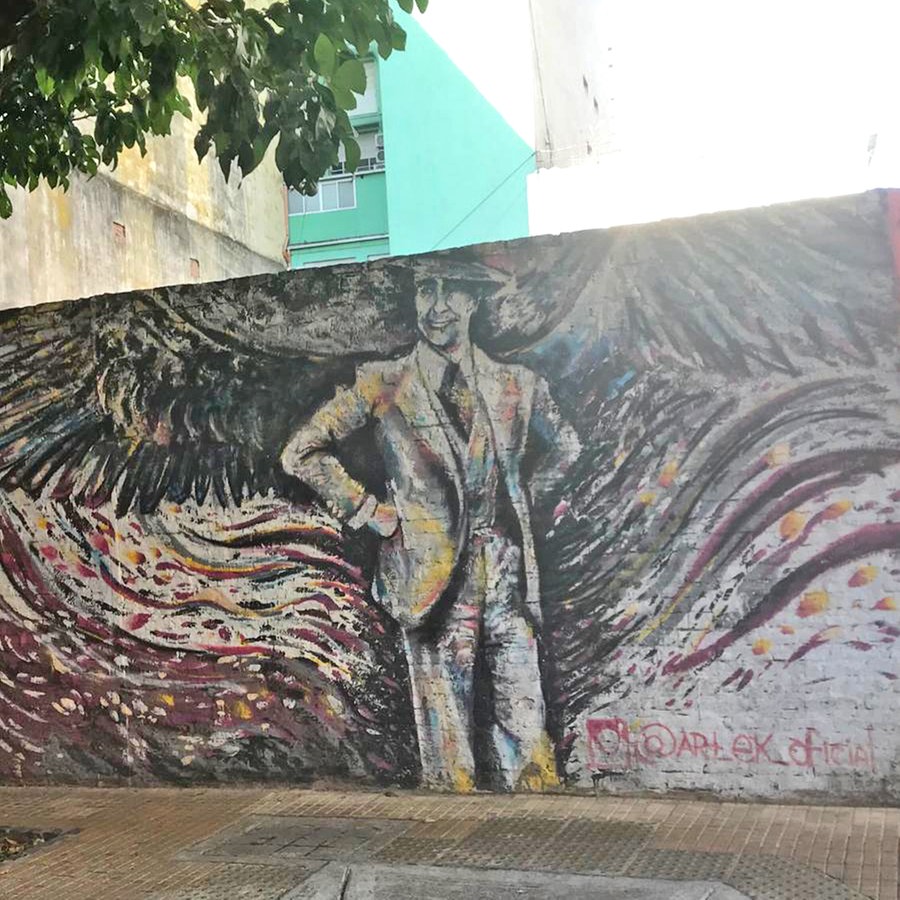 Ein Wand-Graffiti in Buenos Aires auf einer Mauer stellt den Musiker Carlos Gardel dar, davor steht ein Baum © NDR Foto: Christine Siebert