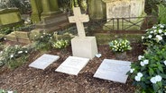 Drei Gräber und ein Kreuz auf dem Highgate Cemetery (Friedhof) in London - das ganz rechts ist das des Sängers George Michael (Georgios Kyriacos Panayotuou, geb. 1963, verstorben am 25. Dezember 2016) © NDR Foto: Anouk Schollähn
