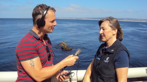 Ein Mann mit rotem Top interviewt eine Frau am Meer © NDR Foto: Guido Meyer / Peter Kuttler