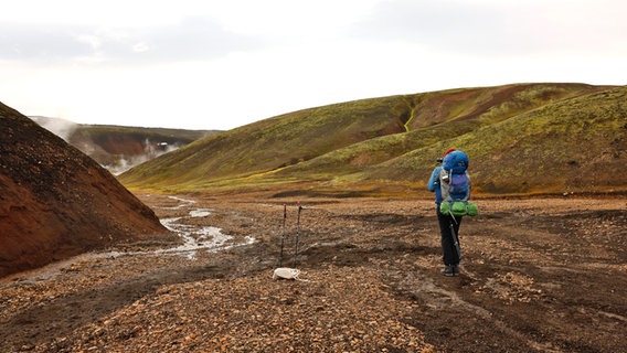 Ein Wanderer läuft auf einem Pfad auf dem isländischen Hochplateau, vorbei an vulkanischem Umfeld © NDR Foto: Merle Schaack und Michael Richmann