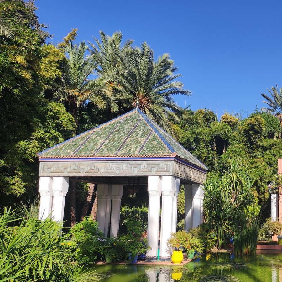 Eine Teich vor bunten Häusern und einer Palme in im Garten Majorelle, Marrakesch © NDR Foto: Isa Hoffinger
