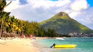Ein gelbes Boot mit kleinem Außenmotor liegt am Strand von Mauritius, dahinter ist ein Hügel zu erkennen, auch Palmen am weißen Strand © H.Hach  / Pixabay Foto: H.Hach