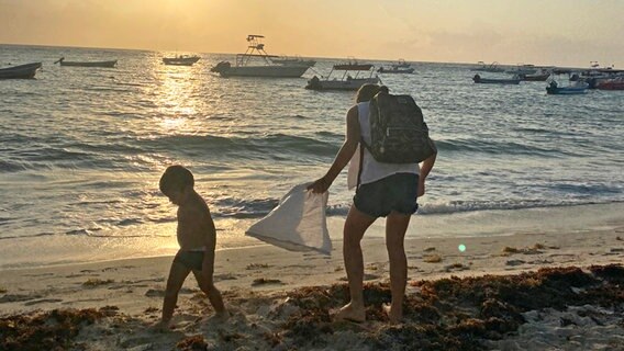 Menschen sammeln Plastik an der Küste in Mexiko © NDR Foto: Elisabeth Weydt