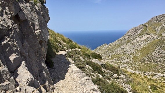 Ein Schotterweg führt entlang eines Berges Richtung Meer auf Mallorca © NDR Foto: Daniel Sprenger