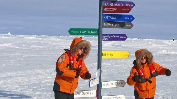 Touristen in gelben Anoraks stehen um Schilder herum, die vom Nordpol (Arktis) auf verschiedene Städte weltweit hinweisen © NDR Foto: Sven Weniger