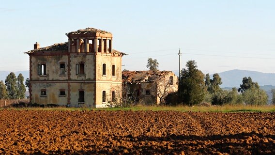 Die Ruine eines verlassenen Bauernhauses in der Toskana auf einem frisch gepflügten Acker © picture-alliance / Paul Mayall | Paul Mayall Foto: Paul Mayall