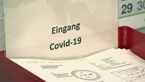 Faxe liegen in einer Büroablage mit dem Hinweis "Eingang Covid-19". © NDR 