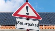 Warnschild mit der Aufschrift "Solarpaket" © picture alliance / SULUPRESS.DE Foto: Torsten Sukrow