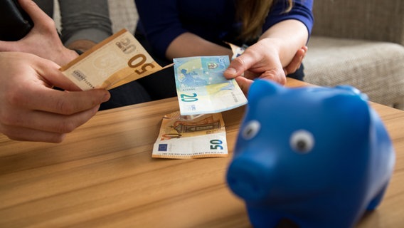 Zwei junge Leute zählen vor einem Sparschwein Geldscheine © Picture Alliance Foto: Christin Klose