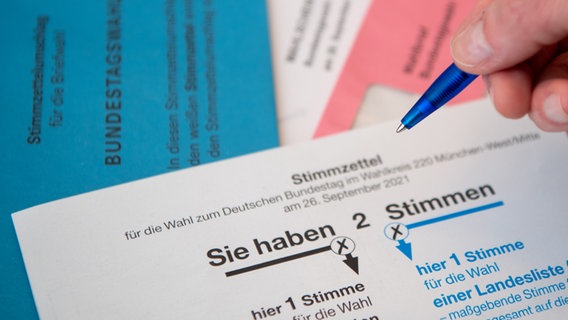 Briefwahlunterlagen für die Bundestagswahl 2021 mit Stimmzettel und Stimmzettelumschlag liegen auf einem Tisch. © picture alliance/dpa Foto:  Sven Hoppe