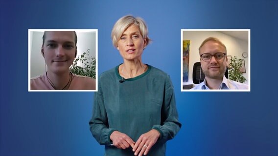 Moderatorin Susanne Stichler diskutiert in einer Videoschalte mit Georg Kurz (Grüne) und Michael Kruse (FDP) © NDR 
