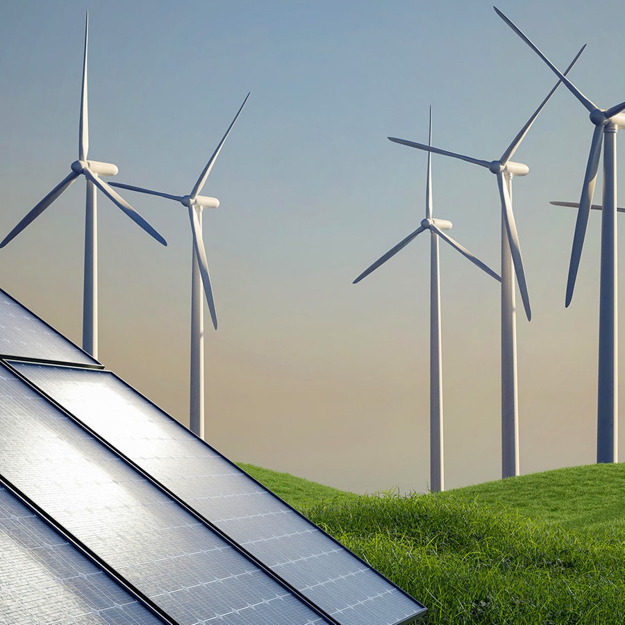 Eine Solaranlage mit Windrädern im Hintergrund stehen auf einer grünen Wiese © picture alliance / Shotshop Foto: Andreas Berheide