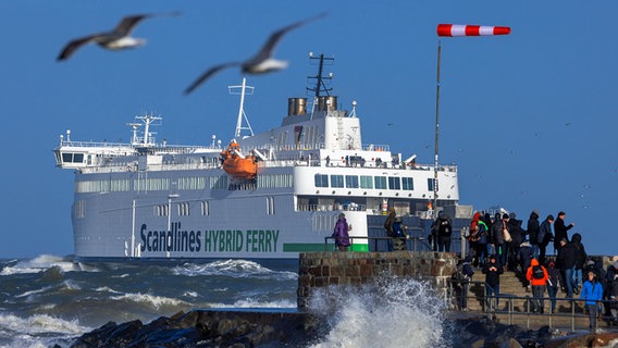 Das Fährschiff "Berlin" verlässt bei stürmischem Wetter den Hafen Rostock-Warnemünde. © dpa-Bildfunk Foto: Jens Büttner