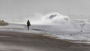 Eine Frau kämpft während eines Sturmtiefs am Strand gegen den Wind. © Imago Images/Priller&Maug Foto: Janis Meyer