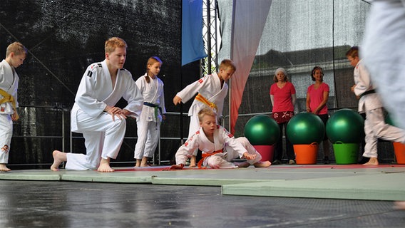 Mehrere Kinder machen Judo auf einer Bühne. © NDR Foto: Frauke Hain