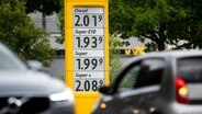 Die Preise für Kraftstoffe sind auf der Anzeige einer Tankstelle zu sehen, davor fahren Autos vorbei. © Daniel Reinhardt/dpa 