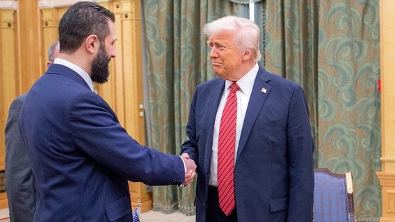 US-Präsident Donald Trump schüttelt dem syrischen Interimspräsidenten Ahmad al-Scharaa die Hand. © dpa bildfunk/Saudi Royal Palace Foto: Bandar Aljaloud