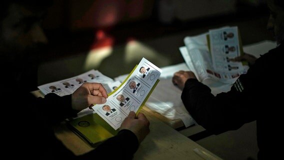Ein Wahlhelfer in der Türkei hält die Stimmzettel für die Präsidentschaftswahlen mit den Namen von Recep Tayyip Erdogan, Muharrem Ince, Kemal Kilicdaroglu und Sinan Ogan bereit. © dpa-Bildfunk/AP Foto: Francisco Seco