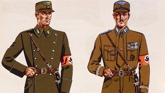 Farbdruck einer Zeichnung von Männern in SA-Uniform (Sturmabteilung der NSDAP). © picture-alliance / akg-images 