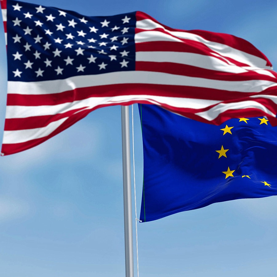 Die Flaggen der EU und der USA flattern vor blauem Himmel. © dpa/Zoonar Foto: Valerio Rosati