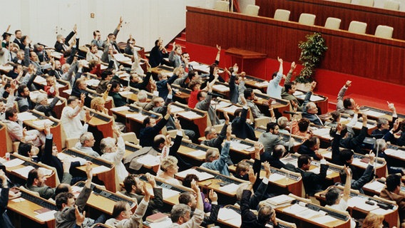 Die Volkskammer der DDR votiert am 23. August 1990 für den Beitritt zur Bundesrepublik am 3. Oktober 1990. © picture-alliance / dpa | Michael_Jung 