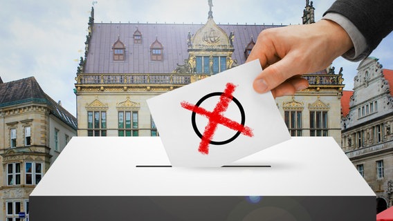 Wahlkarte mit Wahlkreuz wird in eine Wahlurne gesteckt, dahinter das Rathaus von Bremen (Bildmontage) © Fotolia.com, colourbox Foto: niyazz, aterrom,  VSG-ART