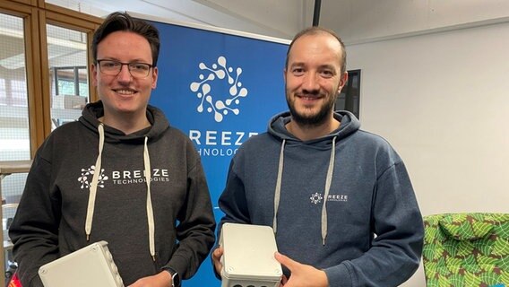 Robert Heinecke (links) und Haris Sefo von "Breeze Technologies" aus Hamburg mit Waldbrand-Sensoren in den Händen. © NDR Foto: Konstanze Nastarowitz