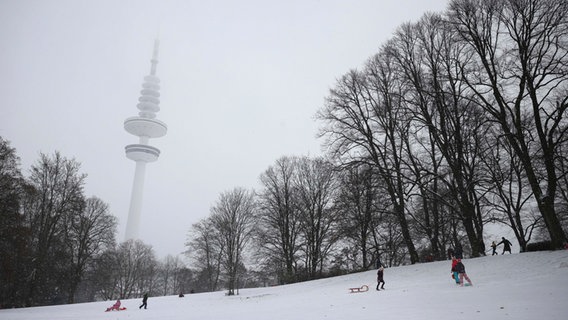 Neuschnee in Hamburg: Schlittenfahrer im Schanzenpark mit dem Fernsehturm im Hintergrund © dpa-Bildfunk Foto: Christian Charisius
