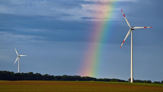Ein Regenbogen spannt sich über die Landschaft mit zwei Windenergieanlagen im Windpark "Odervorland" im Landkreis Oder-Spree. © picture alliance/dpa/dpa-Zentralbild | Patrick Pleul 