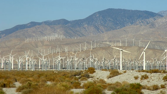 Windkraftanlagen in Windpark in der Wüste, Palm Springs, Coachella Valley, Kalifornien, USA © Picture Alliance Foto: Malcolm Schuyl