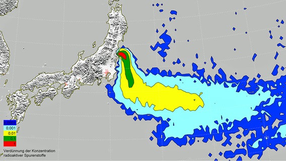 DWD-Vorhersage der Verteilung eines Spurenstoffes, der vom beschädigten Kernkraftwerk Fukushima abgegeben wird. © DWD 