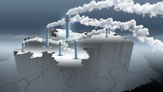 Smoking chimneys are spread across a sketched outline of northern Germany.  © NDR 