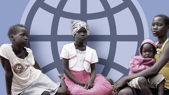 Äthiopische Flüchtlinge sitzen vor dem Logo der Weltbank (Montage) © dpa/WDR/ICIJ (Andreea Campeanu) [M] Kirsch 